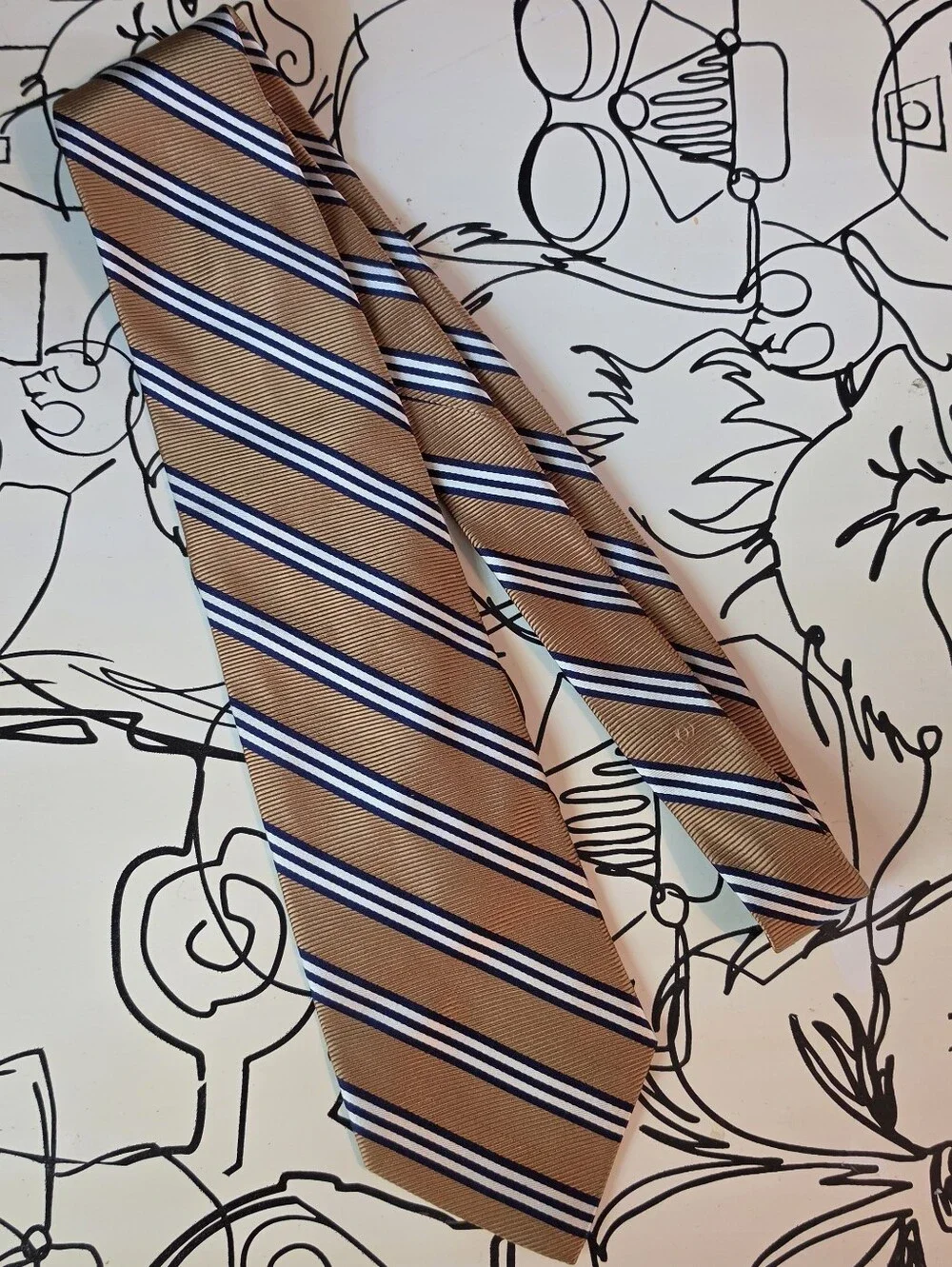 Brooks Brothers Makers Tie Silk Mens Repp Stripe Gold Navy White 59 x 3.75 USA